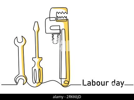Single continuous line art screwdriver, wrench, spanner with lettering Labour Day. 1st May celebration. Happy Labour Day concept isolated on white bac Stock Vector