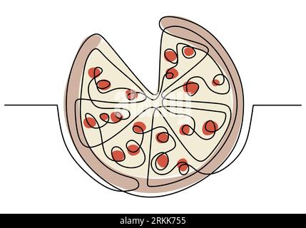 Single continuous line of pizza. Pizza fast food in one line style isolated on white background with full of color. Stock Vector