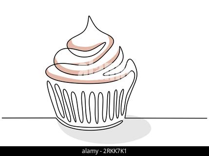 Single continuous line of big cupcake. Big cupcake fast food in one line style isolated on white background. Stock Vector