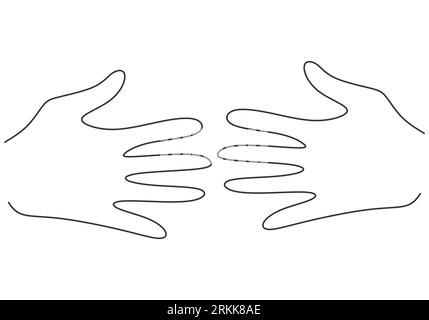 Continuous line drawing of two hands barely touching one another. Simple sketch of two hands isolated on white background. People connecting each othe Stock Vector