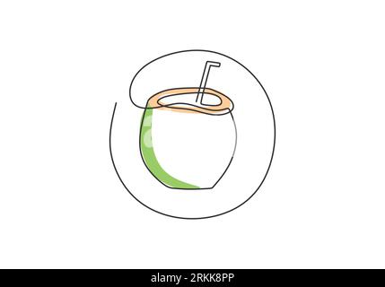 One continuous line drawing whole and sliced healthy organic coconut. Fresh fruitage concept for fruit garden icon. Healthy summer drink. Vector isola Stock Vector
