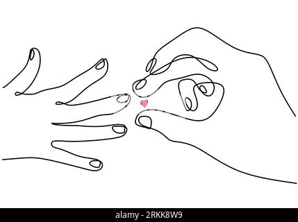 One continuous line drawing of engagement moment. Woman and man hands with ring in love marriage symbol hand drawn sketch minimalist style. Ring excha Stock Vector