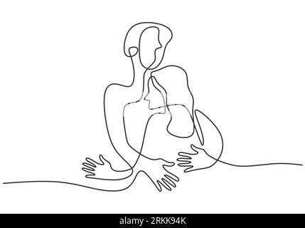 Continuous one line drawing of young couple hugging each other. Man and woman in love, and share their intimacy. Love concept isolated on white backgr Stock Vector