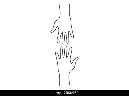 Continuous line drawing of two hands barely touching one another. Simple sketch of two hands isolated on white background. People connecting each othe Stock Vector