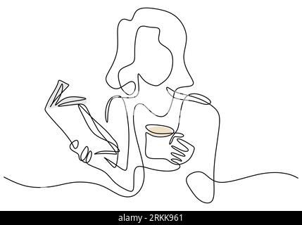 Continuous single line drawing of young businesswoman sitting on the sofa while reading book and holding a cup of coffee drink. Drinking tea concept i Stock Vector