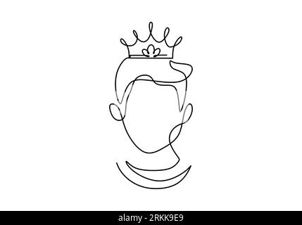 One continuous line drawing medieval historical european monarch king in a crown isolated on white background. A young handsome prince in kingdom conc Stock Vector