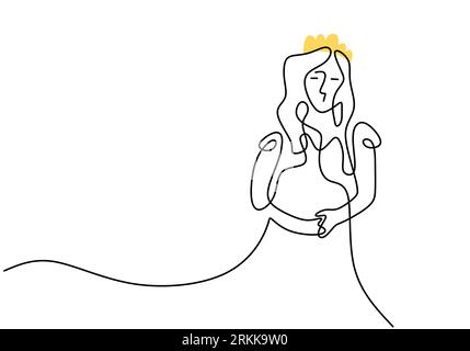 Continuous single line drawing of beautiful princess with gown while standing elegant pose isolated on white background. Concept of magic queen in kin Stock Vector