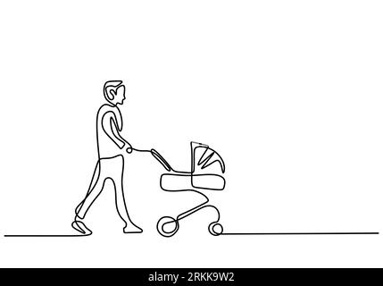 Continuous single line drawing of young happy father pushing baby trolley isolated on white background. Young father on a walk with a baby in a stroll Stock Vector