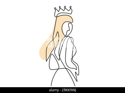 Continuous single line drawing of beautiful princess with gown while standing elegant pose isolated on white background. Concept of magic queen in kin Stock Vector