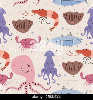 Hand drawn of seafood or sea animals seamless pattern Stock Vector