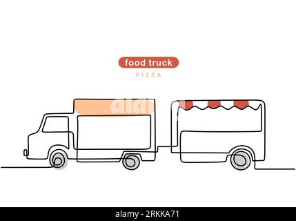 Single continuous line of pizza food truck with trailer. Pizza with trailer truck in one line style isolated on white background. Stock Vector