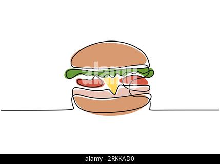 Single continuous line of Hamburger. Big burger fast food in one line style isolated on white background. Stock Vector