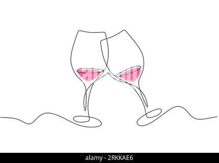 Continuous one line drawing two glass of red wine for cheers. Party celebration with alcohol. Minimalism design with simplicity hand drawn isolated on Stock Vector