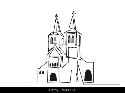 Big church continuous one line drawing vector minimalist design. Christian symbol sign isolated one white background. Stock Vector