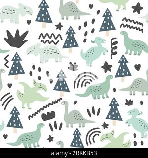 Seamless pattern of cute dinosaurs and floral isolated on white background. Stock Vector