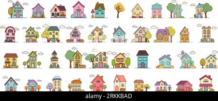 Cute small houses in town or village vector illustration set. Cartoon various houses facade collection, colorful building cottage with door, window Stock Vector