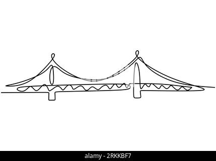 Giant bridge over river. Continuous one line of bridge drawing design. Simple modern minimalist style isolated on white background. Stock Vector