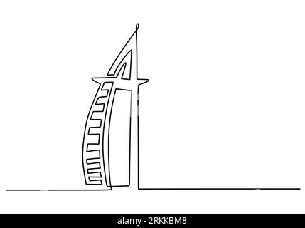 One line of Luxury seven stars hotel in Dubai. Burj Al Arab Jumeirah resort hotel on white background. continuous one line drawing Stock Vector