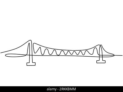 Giant bridge over river. Continuous one line of bridge drawing design. Simple modern minimalist style isolated on white background. Stock Vector