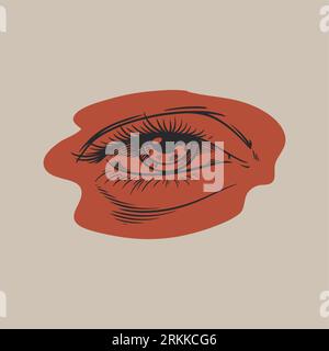 Human eye, biology organs anatomy illustration. Engraved red colored hand drawn in old sketch and vintage style. Face detailed eye or view or look. Ve Stock Vector