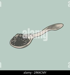 Hand drawn retro a tea spoons vintage engraving style. Wooden spoon dry tea retro element sketchy for menu or cafe. Healthy organic powder tea ingredi Stock Vector