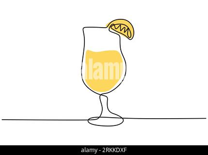 Continuous one line drawing of orange juice splash in glass. Fresh summer drink isolated on white background. Healthy fruit drinks concept minimalism Stock Vector