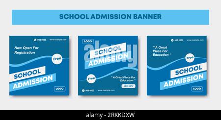 Set of three blue and white colored layout background and photo school admission or education social media pack template banners. Vector illustration Stock Vector