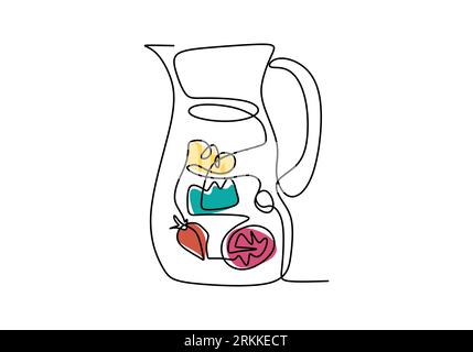 One continuous line drawing of fresh delicious an infuse water. A kettle water with some fruit for drink isolated on white background. Healthy summer Stock Vector