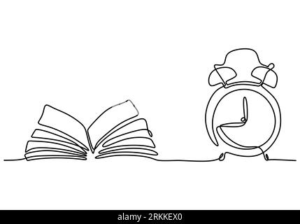 Single continuous line drawing of an open book beside a cup of coffee at work desk. Opened page book at home. Book is a window to the world concept is Stock Vector