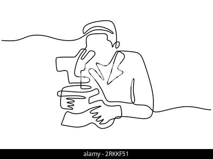 One continuous line drawing of two male scientist woman looking through microscope in laboratory. Professional researcher doing experiment isolated on Stock Vector