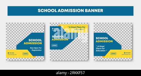 Set of three editable school admission minimal square banner template with blue and yellow color background. Students admission for social media post Stock Vector