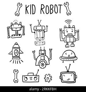 Cute set collection with childish robot and different items funny drawing. Children robo cartoon isolated on white background. Old vintage kid toys sk Stock Vector