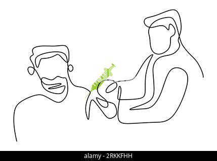 continuous line drawing of a doctor in protective mask giving vaccine injection to patient in mask at hospital. Medical healthcare treatment concept. Stock Vector