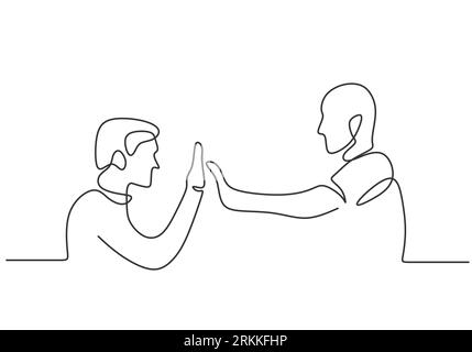One line drawing of two men giving high fives gesture hands. Two friends smile with their hands up and clap their palms. Friendship, successful negoti Stock Vector