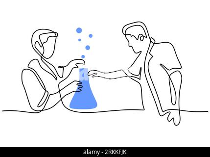 Continuous single drawn one line scientist researcher professor and a student doing experiment in laboratory. The concept of science and education, sc Stock Vector