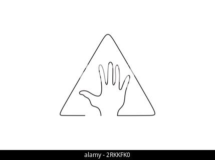 One continuous line drawing of human hand in triangle symbol. Protecting and caring human concept isolated on white background. Human hand palm minima Stock Vector
