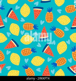 Seamless pattern of colorful summer fruits isolated on blue background. Stock Vector