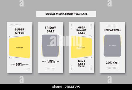 4 collection on editable social network stories template with photo frames in yellow, grey and white pastel colors stickers for sale promotion. Vector Stock Vector