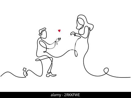 One continuous drawn line of the bride and groom of the husband and wife are married. Happy romantic couple in love isolated on white background. Wedd Stock Vector