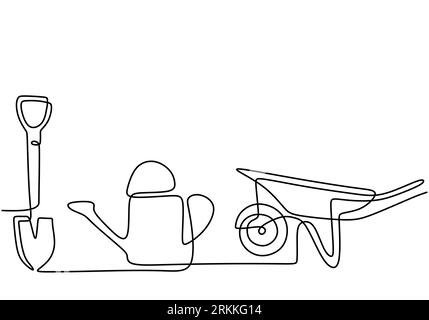 Garden wheelbarrow, watering can, and shovel in continuous one line drawing. Farmer equipment isolated on white background. Gardening and planting con Stock Vector