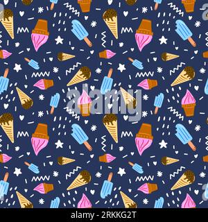 Sweet ice cream seamless pattern isolated on blue background. Stock Vector