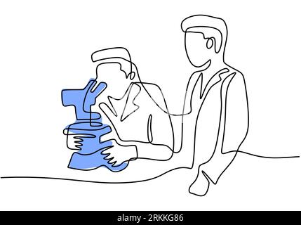 One continuous line drawing of two male scientist woman looking through microscope in laboratory. Professional researcher doing experiment isolated on Stock Vector