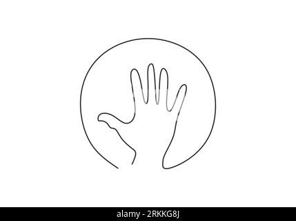 One continuous line drawing of human hand in circle symbol. Protecting and caring human concept isolated on white background. Human hand palm minimali Stock Vector