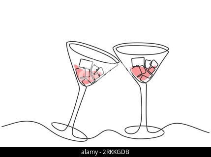 Continuous one line drawing two glass of red wine for cheers. Party celebration with alcohol. Minimalism design with simplicity hand drawn isolated on Stock Vector