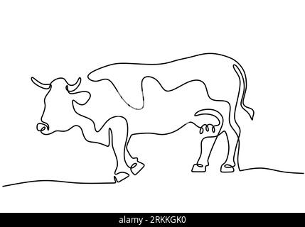 Grazing cow in continuous line art drawing style. Farm animal concept. Cow on pasture minimalist black linear sketch isolated on white background. Vec Stock Vector