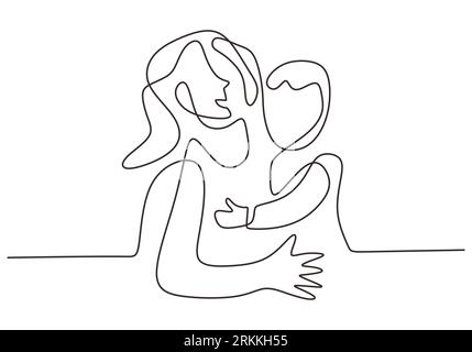 Continuous one line drawing of young mother hold her lovely baby. Happy Mother day card. Character mom with a kid isolated on white background. Family Stock Vector