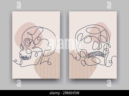 Continuous line drawing of Skull set. Abstract minimalist illustration. Stock Vector