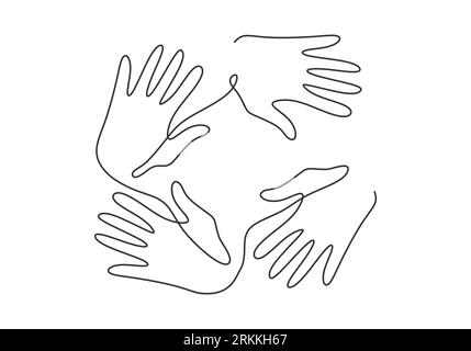 Continuous line drawing of four human hands showing their business teamwork or friendship. Teamwork and partnership concept isolated on white backgrou Stock Vector