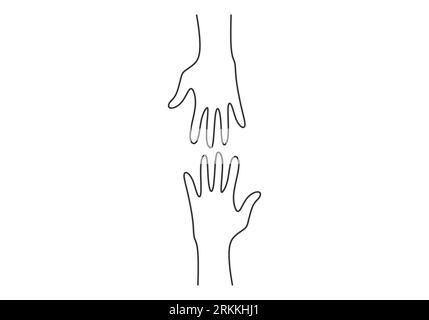 Continuous line drawing of two hands barely touching one another. Simple sketch of two hands isolated on white background. People connecting each othe Stock Vector