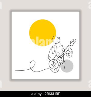 guitar player continuous one line drawing, minimalist a man playing electric guitar. Rock and blues theme. Stock Vector